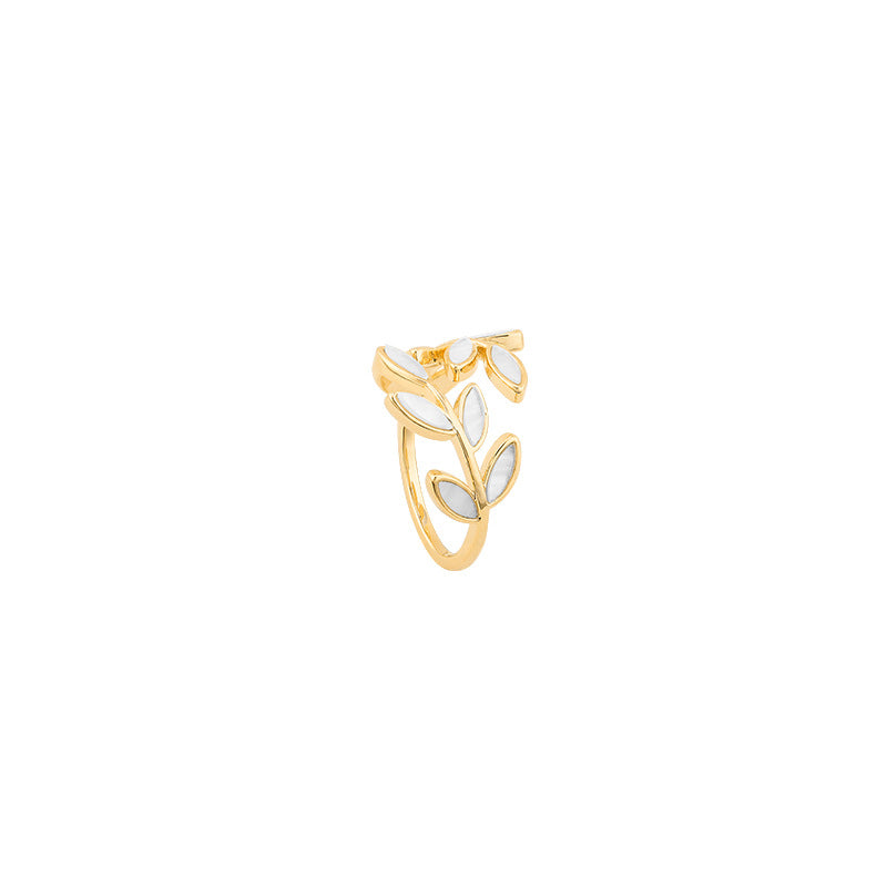 Adjustable Gold Ring with Leaf Details and Elegant White Opal Sparkle